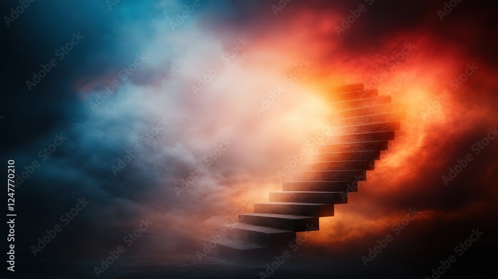 Obraz premium An abstract staircase emerges from vibrant mist and colorful clouds, inviting viewers to ponder the mysteries of existence and the allure of the unknown, evoking wonder and imagination.