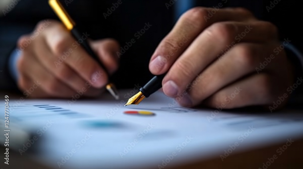Close-up of Hands Carefully Analyzing Financial Charts with Elegant Pens Close-up of Hands Carefully Analyzing Financial Charts with Elegant Pens