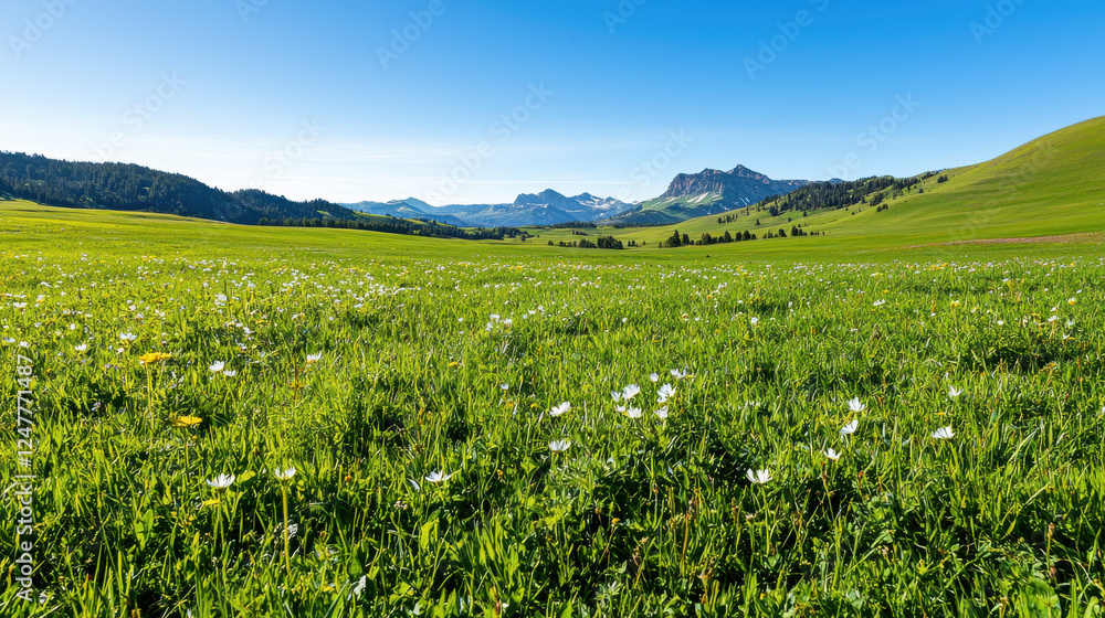 Expansive meadow filled with wildflowers under clear blue sky Expansive meadow filled with wildflowers under clear blue sky