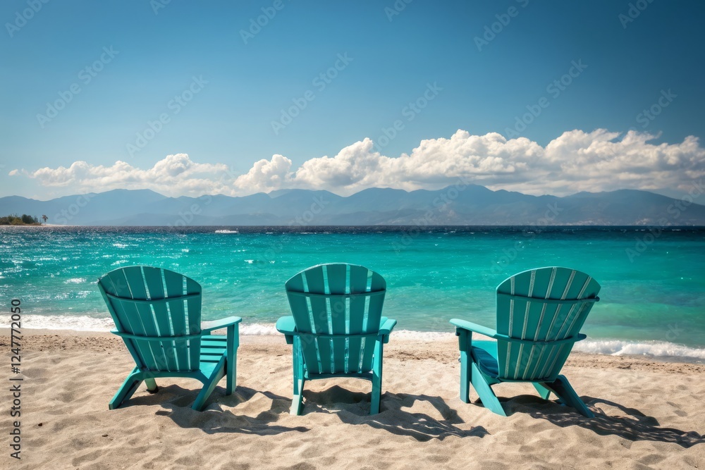 Azure Serenity: Panoramic Vista of Teal Pool Chairs & Tranquil Ocean Azure Serenity: Panoramic Vista of Teal Pool Chairs & Tranquil Ocean