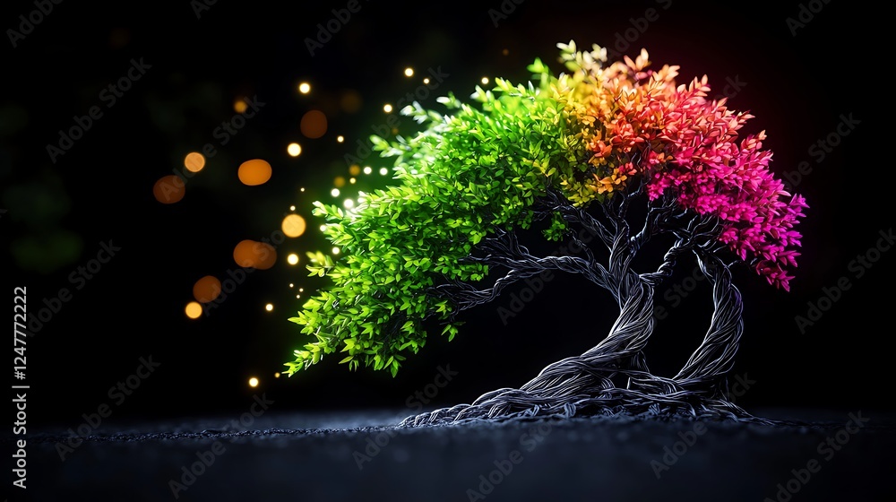 A vibrant, colorful tree with green and pink leaves against a dark background, illuminated by glowing particles A vibrant, colorful tree with green and pink leaves against a dark background, illuminated by glowing particles