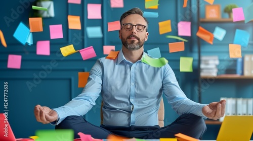 Finding Zen in the Chaos: A contemplative businessman, amidst a whirlwind of colorful sticky notes, finds inner peace and calm in the midst of a busy workday.
