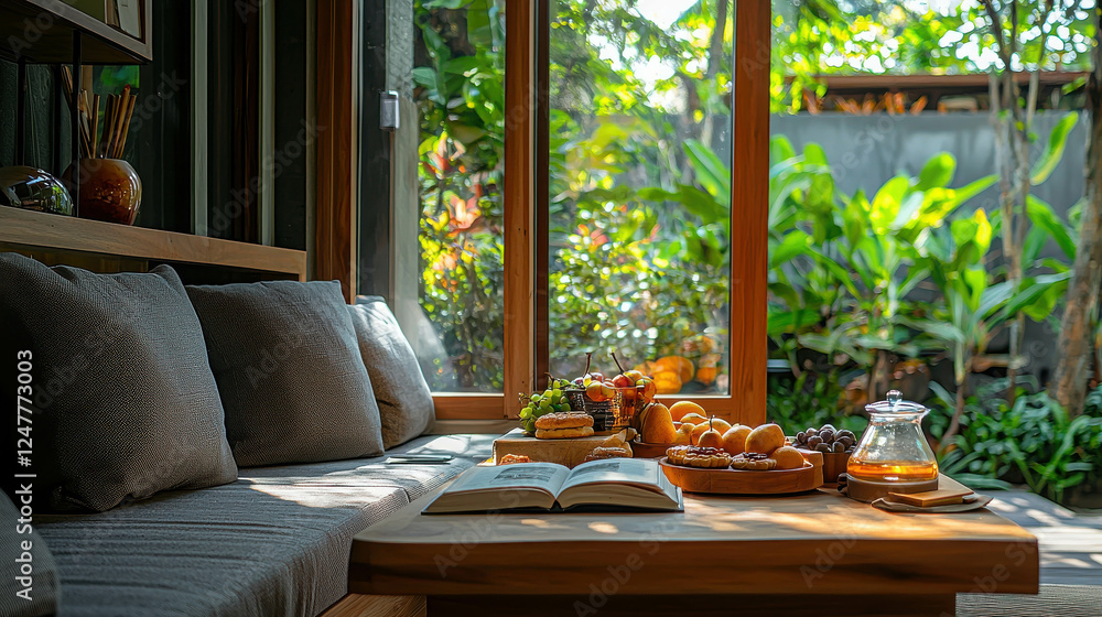 Fototapeta premium Serene Indoor Seating Area with Large Window Overlooking a Lush Garden Landscape