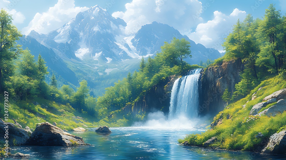 Fototapeta premium Mountain waterfall scenic landscape, summer sun, tranquil river, green valley, travel poster