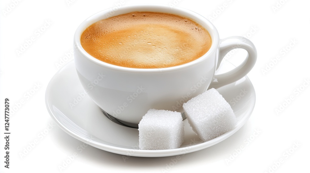 A cup of espresso with two sugar cubes on a saucer, isolated on a white background. A cup of espresso with two sugar cubes on a saucer, isolated on a white background.