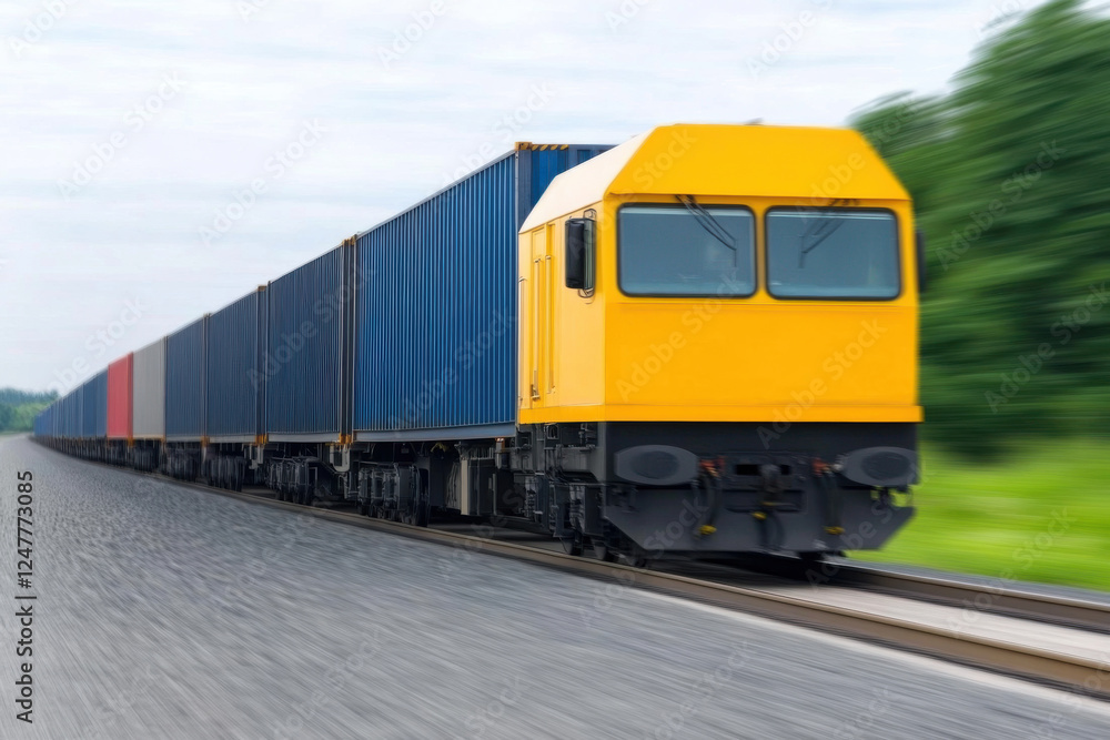 A yellow train is traveling down the tracks with a blue cargo car in the middle A yellow train is traveling down the tracks with a blue cargo car in the middle