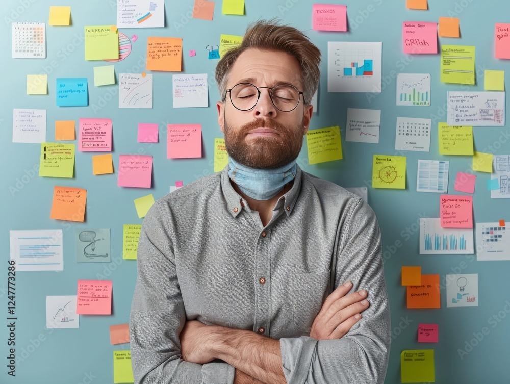 Overwhelmed by Ideas: A man with a beard and glasses stands calmly before a wall covered in colorful sticky notes and charts, his eyes closed in quiet contemplation. Overwhelmed by Ideas: A man with a beard and glasses stands calmly before a wall covered in colorful sticky notes and charts, his eyes closed in quiet contemplation.