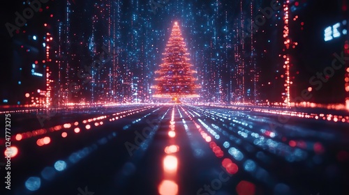 Glitching digital Christmas tree on a cyberpunk background. Retro futurism, 80s, 90s aesthetic.