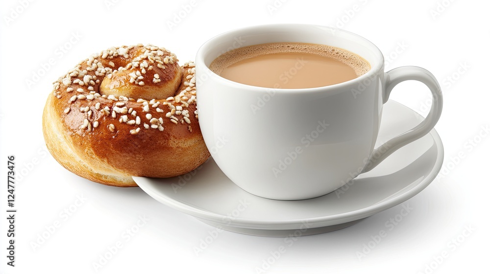 A cup of coffee with milk and a sesame seed bun on a saucer, isolated on white background. A cup of coffee with milk and a sesame seed bun on a saucer, isolated on white background.