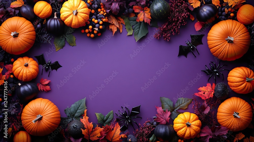 Halloween decorations top view photo of small pumpkins, spiders, cats and bats silhouettes on violet background with empty space. Halloween decorations top view photo of small pumpkins, spiders, cats and bats silhouettes on violet background with empty space.