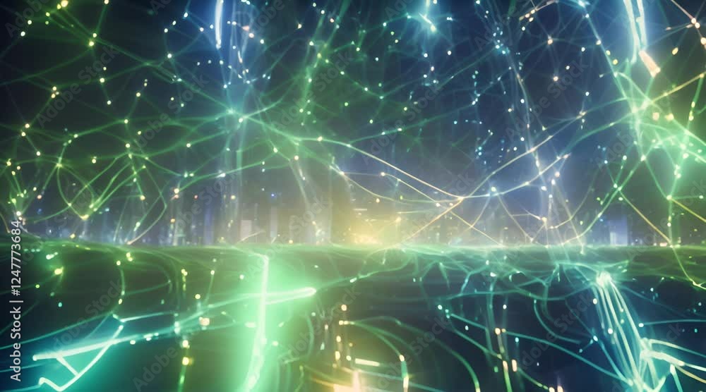 A vibrant graphic visualization overlaid with swirling digital data streams, glowing network symbols pulsating like stars A vibrant graphic visualization overlaid with swirling digital data streams, glowing network symbols pulsating like stars