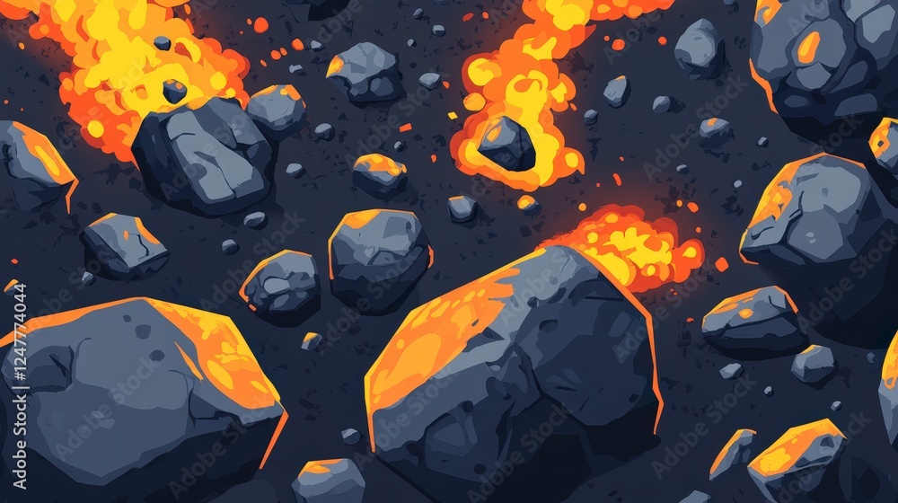 Fire and Rocks in a Fiery Lava Landscape with Explosive Eruptions Fire and Rocks in a Fiery Lava Landscape with Explosive Eruptions