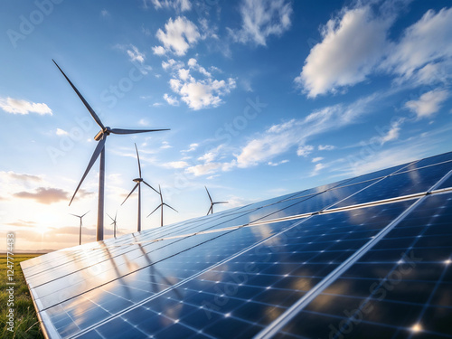 Wind turbines and solar panels generate clean power under a cloudy blue sky for sustainability