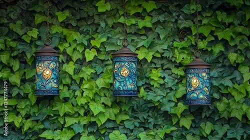 Three Teal Lanterns Hanging on an Ivy Wall AI Generated photo