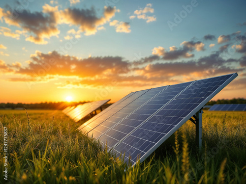 Solar panels generate clean energy at sunset amidst golden fields and a vibrant sky providing sustainable power