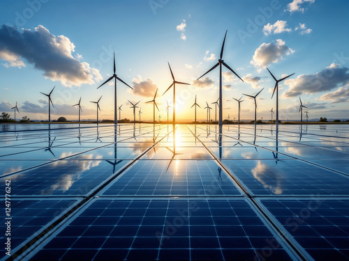 Wind turbines and solar panels generate clean energy at sunset reflecting on panel surfaces