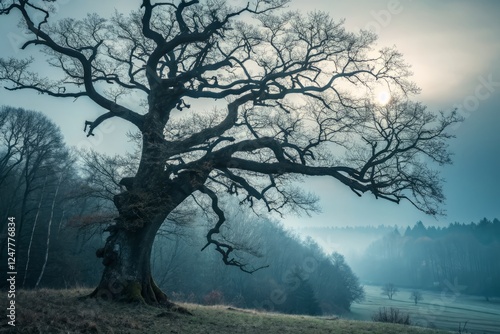 Desaturated Dark Forest Scene: Moody Nature Photography, Selective Focus, Copy Space