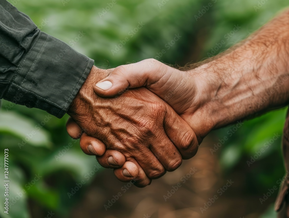 Fototapeta premium Farmers' Handshake: A close-up shot of two farmers shaking hands in a lush green field, symbolizing partnership, trust, and collaboration in agriculture.