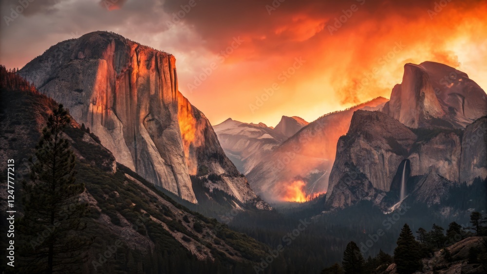 Fototapeta premium Double Exposure: Mountains Embrace Firelight's Dance - Nature Photography