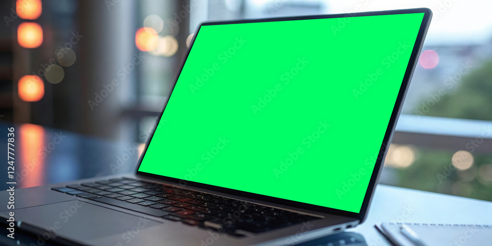 Laptop Computer with Green Screen Display for Mockup and Design Projects in Modern Workspace Laptop Computer with Green Screen Display for Mockup and Design Projects in Modern Workspace