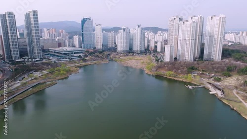 Suwon Gwanggyo Lake Park City in spring drone 03