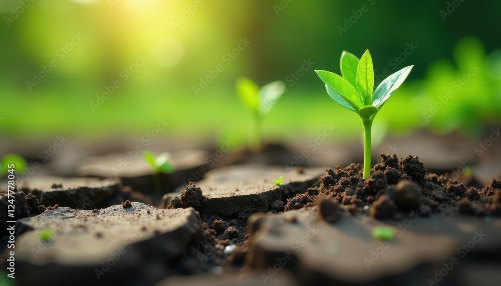 Fototapeta premium Green shoots emerging from cracked earth in a revitalized ecosystem, desertification reversal, natural regeneration, vegetation renewal