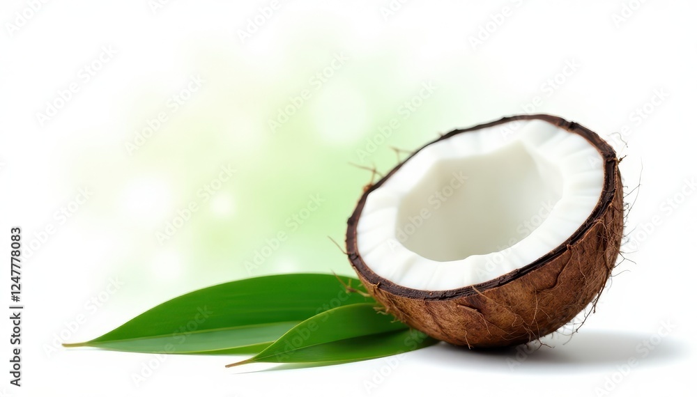 Half coconut isolated on white background with lush green leaves, green, tropical, fruit Half coconut isolated on white background with lush green leaves, green, tropical, fruit