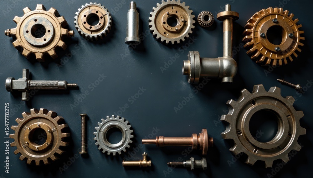Industrial machinery parts on a black surface , equipment, dark background, machine parts Industrial machinery parts on a black surface , equipment, dark background, machine parts