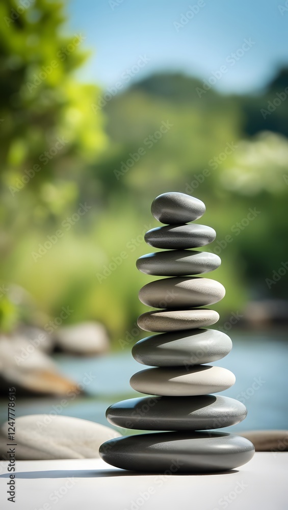 A stack of smooth river stones balanced on top of each other, with a serene, blurred natural background and breathing space 6 A stack of smooth river stones balanced on top of each other, with a serene, blurred natural background and breathing space 6