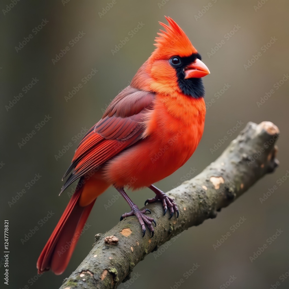 Northern Cardinal perched on a branch with feathers fluffed out, bird feeding, songbird, nature wildlife Northern Cardinal perched on a branch with feathers fluffed out, bird feeding, songbird, nature wildlife