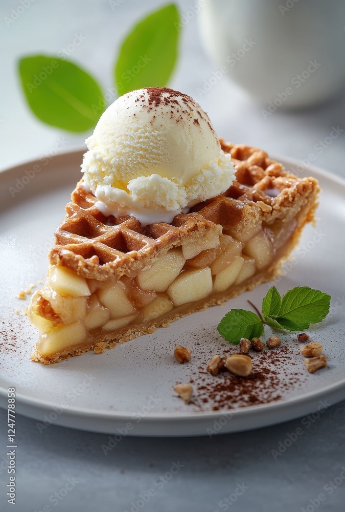Delicious slice of apple pie topped with creamy vanilla ice cream, displayed elegantly on a white plate with fresh mint leaves and a sprinkle of cinnamon Delicious slice of apple pie topped with creamy vanilla ice cream, displayed elegantly on a white plate with fresh mint leaves and a sprinkle of cinnamon