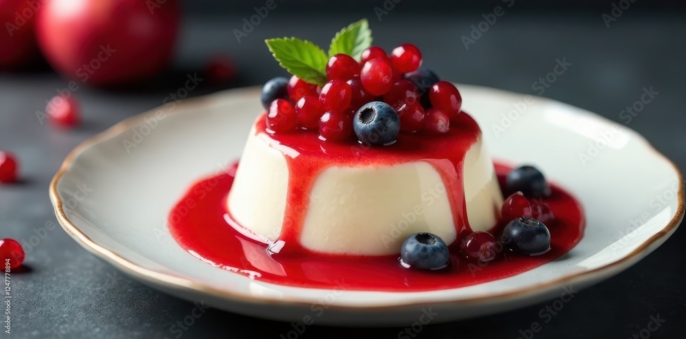 Pomegranate-topped panna cotta with drizzled red sauce and fresh berries in a elegant bowl , panna cotta, dessert bowl, red sauce Pomegranate-topped panna cotta with drizzled red sauce and fresh berries in a elegant bowl , panna cotta, dessert bowl, red sauce