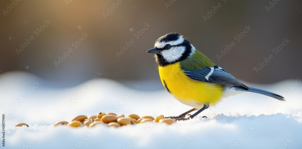 Fototapeta premium Small bird tomtit eating sunflower seeds on snow-covered ground , feeding, winter, snow