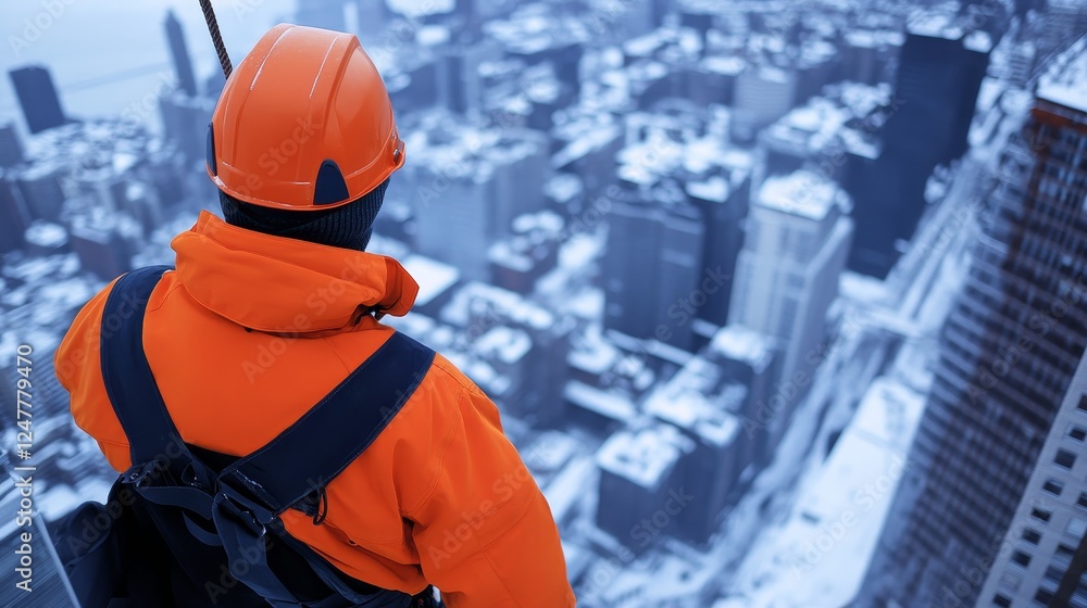 Worker in orange safety gear gazes over a snowy cityscape from a tall building, showcasing urban winter Worker in orange safety gear gazes over a snowy cityscape from a tall building, showcasing urban winter