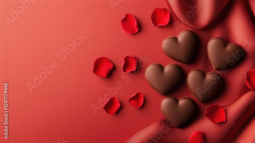 Romantic Chocolate Hearts on Red Background with Rose Petals for Love and Valentine's Day Celebrations
