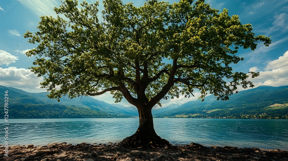Majestic tree by serene lake, mountains backdrop Majestic tree by serene lake, mountains backdrop