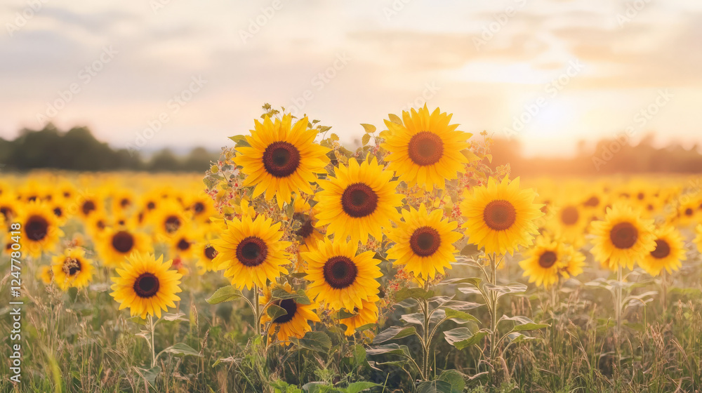 Obraz premium Vibrant sunflowers bathed in the golden light of sunset. A breathtaking display of nature's beauty.
