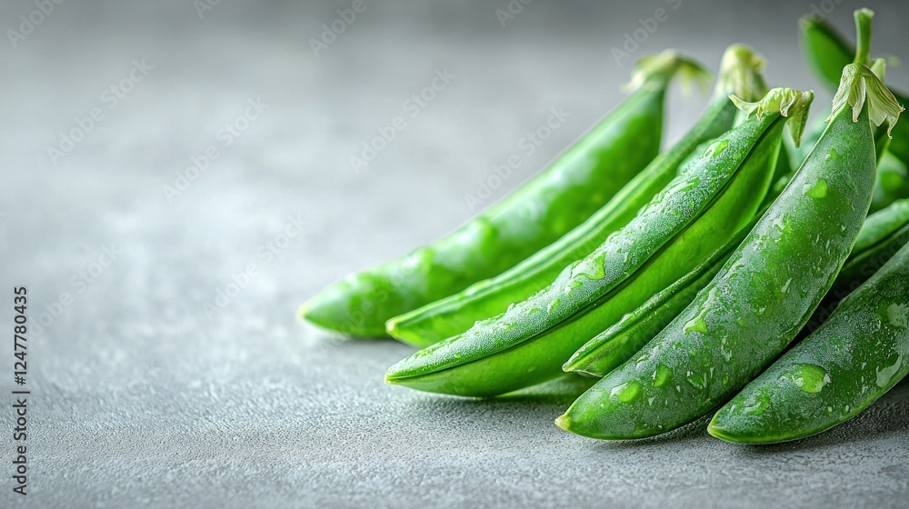 Fresh green peas on grey surface, food photography, healthy eating Fresh green peas on grey surface, food photography, healthy eating