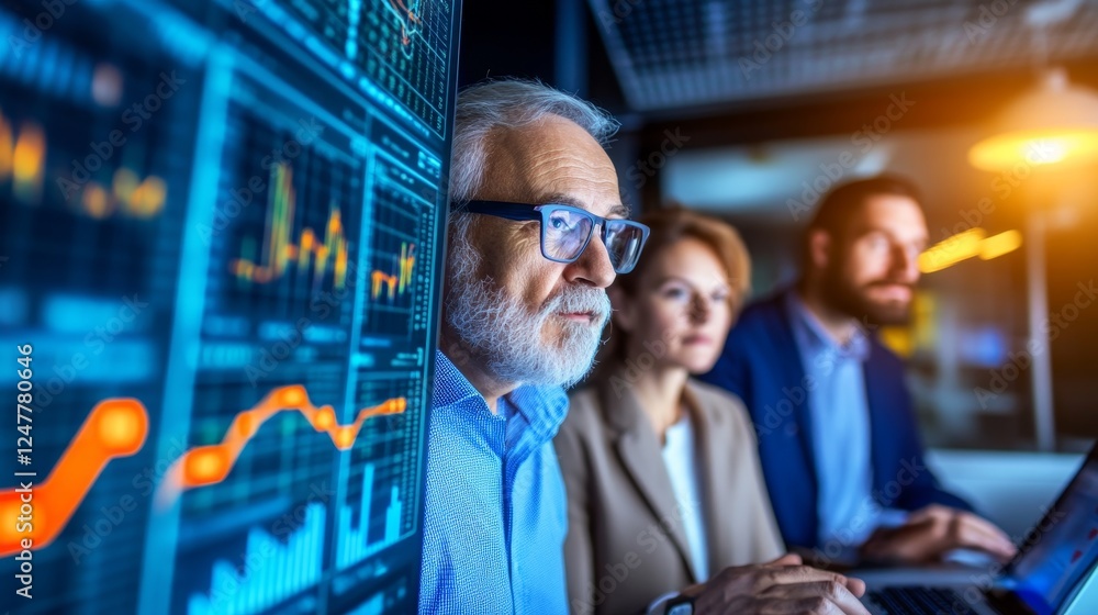 Senior analyst focused on data trends while colleagues engage in discussion in a modern office Senior analyst focused on data trends while colleagues engage in discussion in a modern office