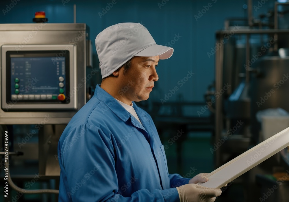 Factory Worker Inspecting Product in Cleanroom Factory Worker Inspecting Product in Cleanroom