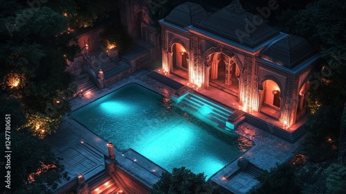 Nighttime Poolside Garden Architectural Structure photo