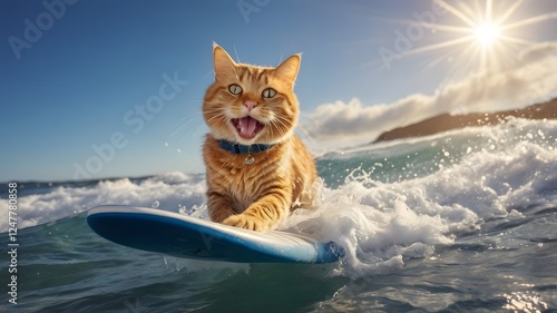 Cute cat sufing on a board in sea, enjoying summer on a beach and sea.