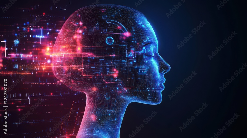 Obraz premium Digital Woman Ai Head Profile with Data Flowing