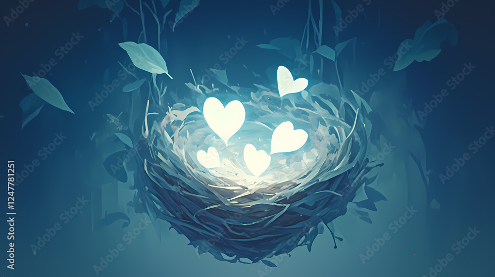 Glowing hearts nestled in a bird's nest, surrounded by serene teal leaves. A magical, ethereal scene. Glowing hearts nestled in a bird's nest, surrounded by serene teal leaves. A magical, ethereal scene.