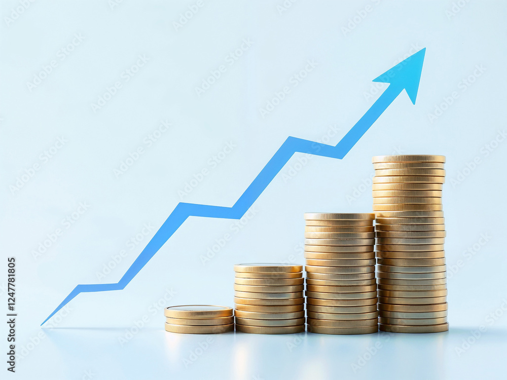 Coin stacks rise with a blue arrow indicating growth on a light backdrop showing progress Coin stacks rise with a blue arrow indicating growth on a light backdrop showing progress