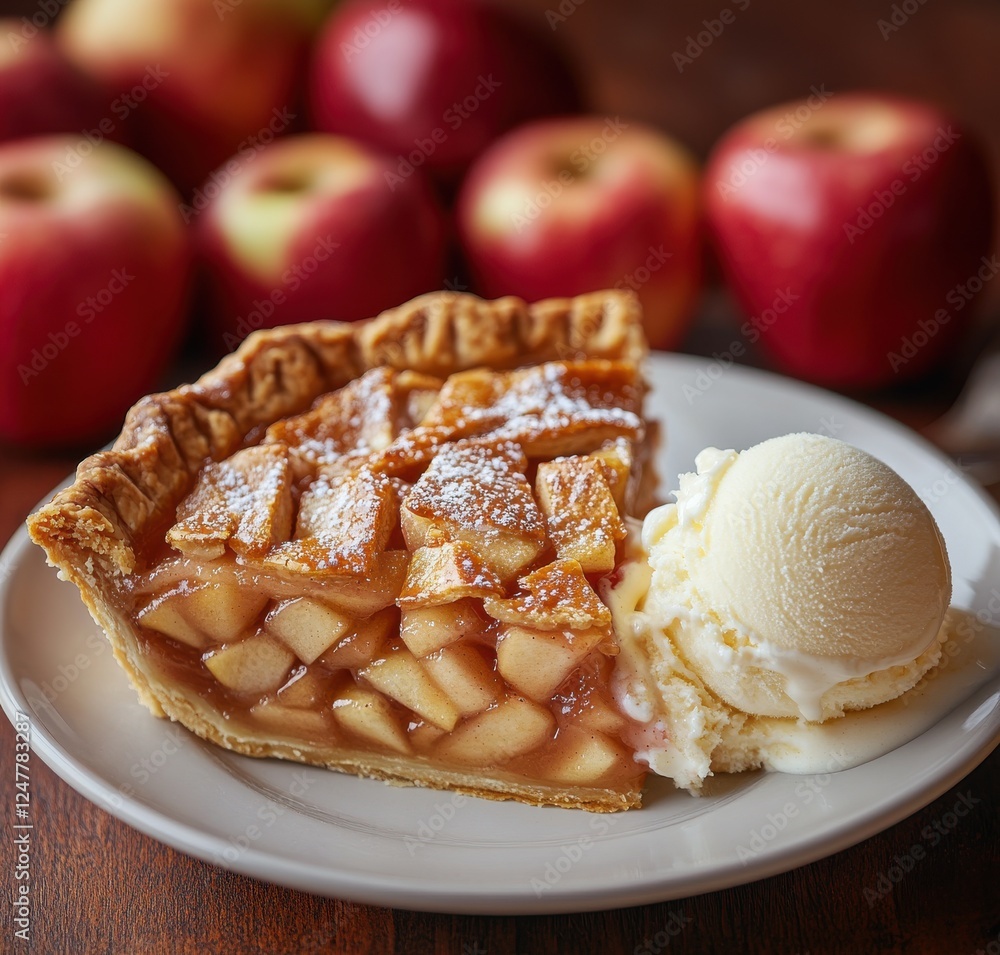 Delicious slice of homemade apple pie served with a scoop of creamy vanilla ice cream, surrounded by fresh red apples on a rustic wooden table Delicious slice of homemade apple pie served with a scoop of creamy vanilla ice cream, surrounded by fresh red apples on a rustic wooden table