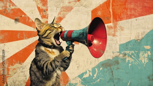 Funny Cat Yelling with Megaphone Vintage Poster