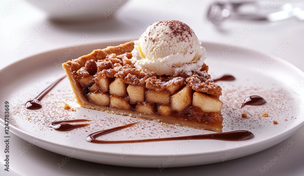 Delicious slice of homemade apple pie topped with vanilla ice cream and drizzled with chocolate sauce on a white plate Delicious slice of homemade apple pie topped with vanilla ice cream and drizzled with chocolate sauce on a white plate