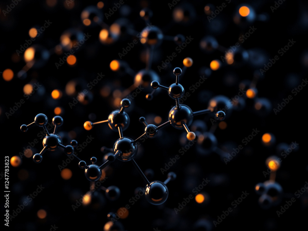 Molecular structure illustration depicts connectivity in a scientific research application on a dark backdrop Molecular structure illustration depicts connectivity in a scientific research application on a dark backdrop