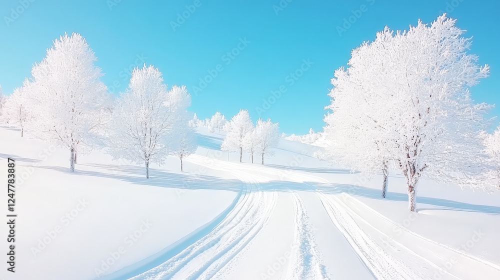 Obraz premium Serene winter landscape with snow-covered trees and a path winding through a pristine, snow-covered field under a clear blue sky.